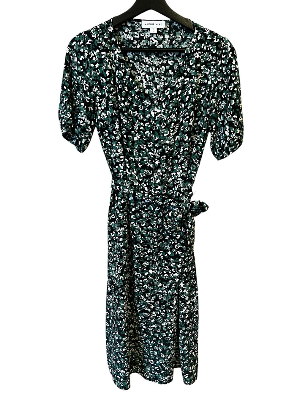 Amour Vert Silk Floral Midi Dress Button Front Tie Waist Black Green Size XS